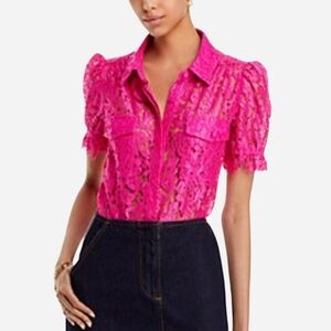 Pink Lace Mesh Floral Button Up Blouse